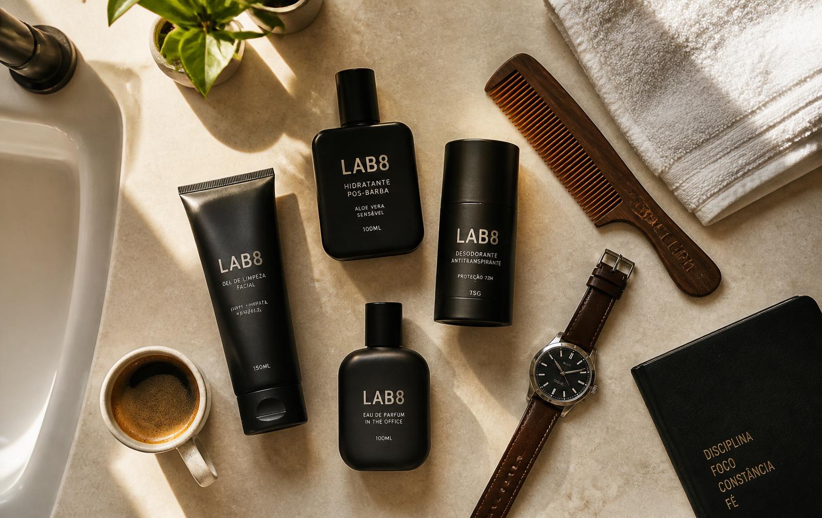 Bancada matinal com produtos SÔMEN, café e relógio